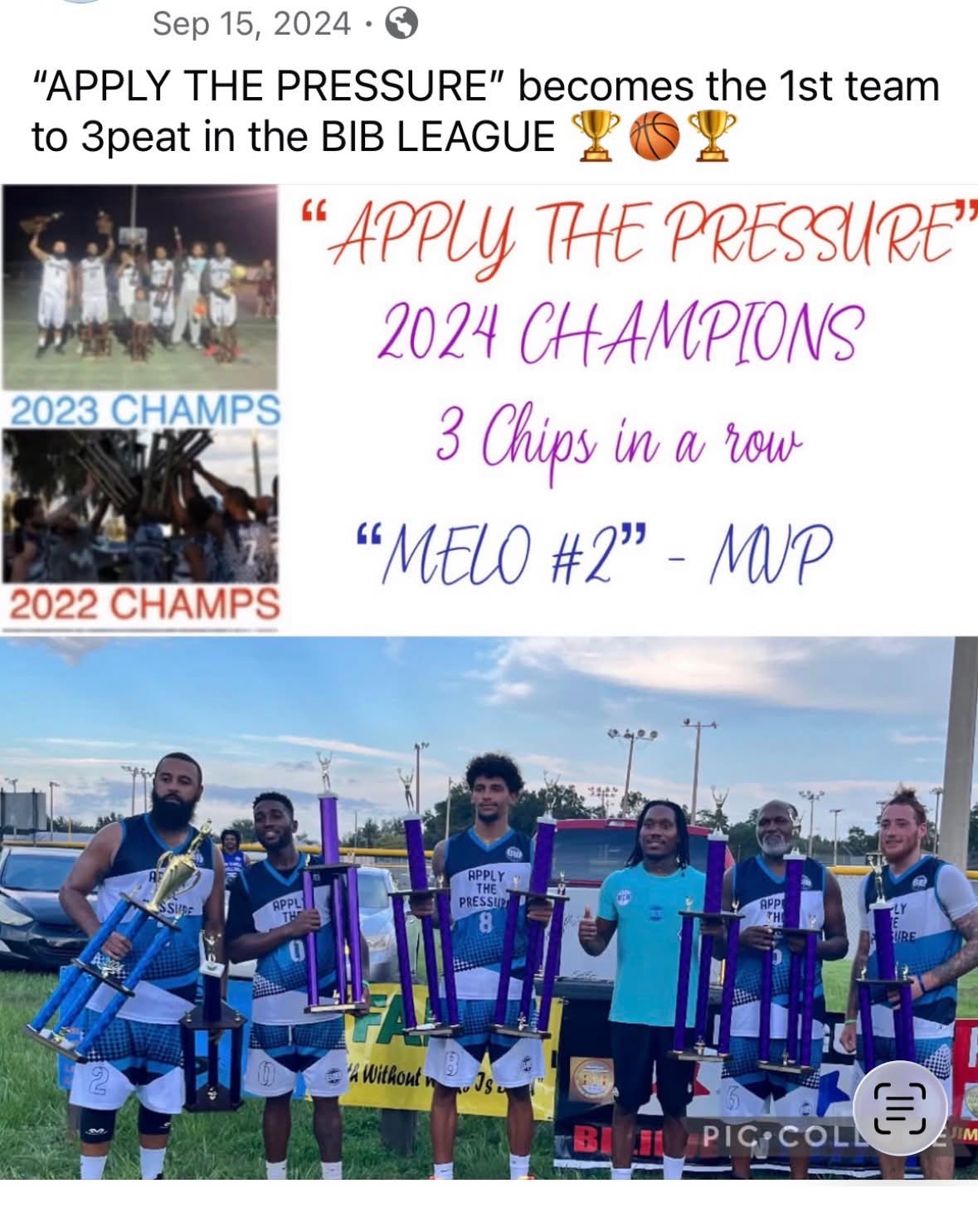 Apply The Pressure, first team to 3peat in the BIB League