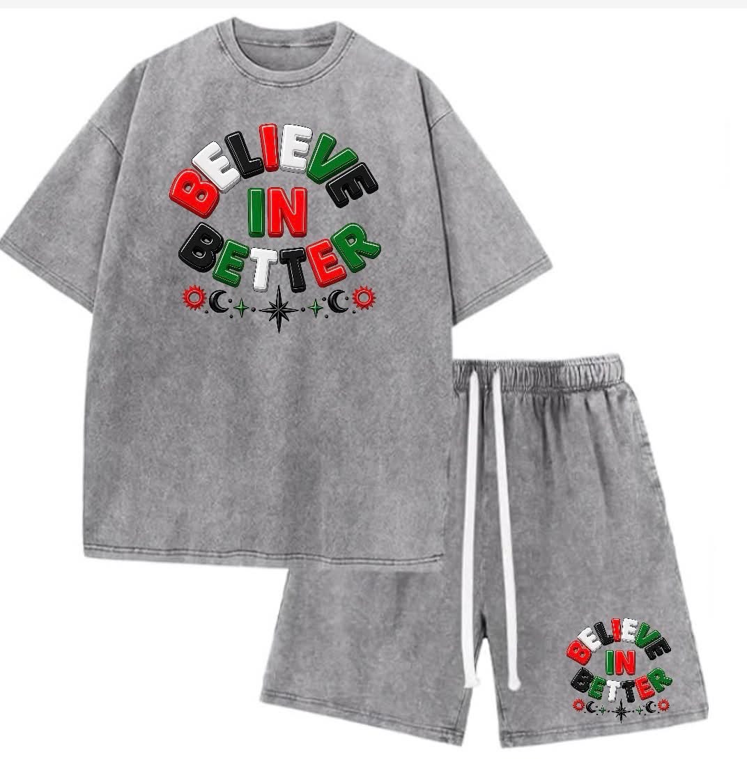 BIB set, grey with red green and black print
