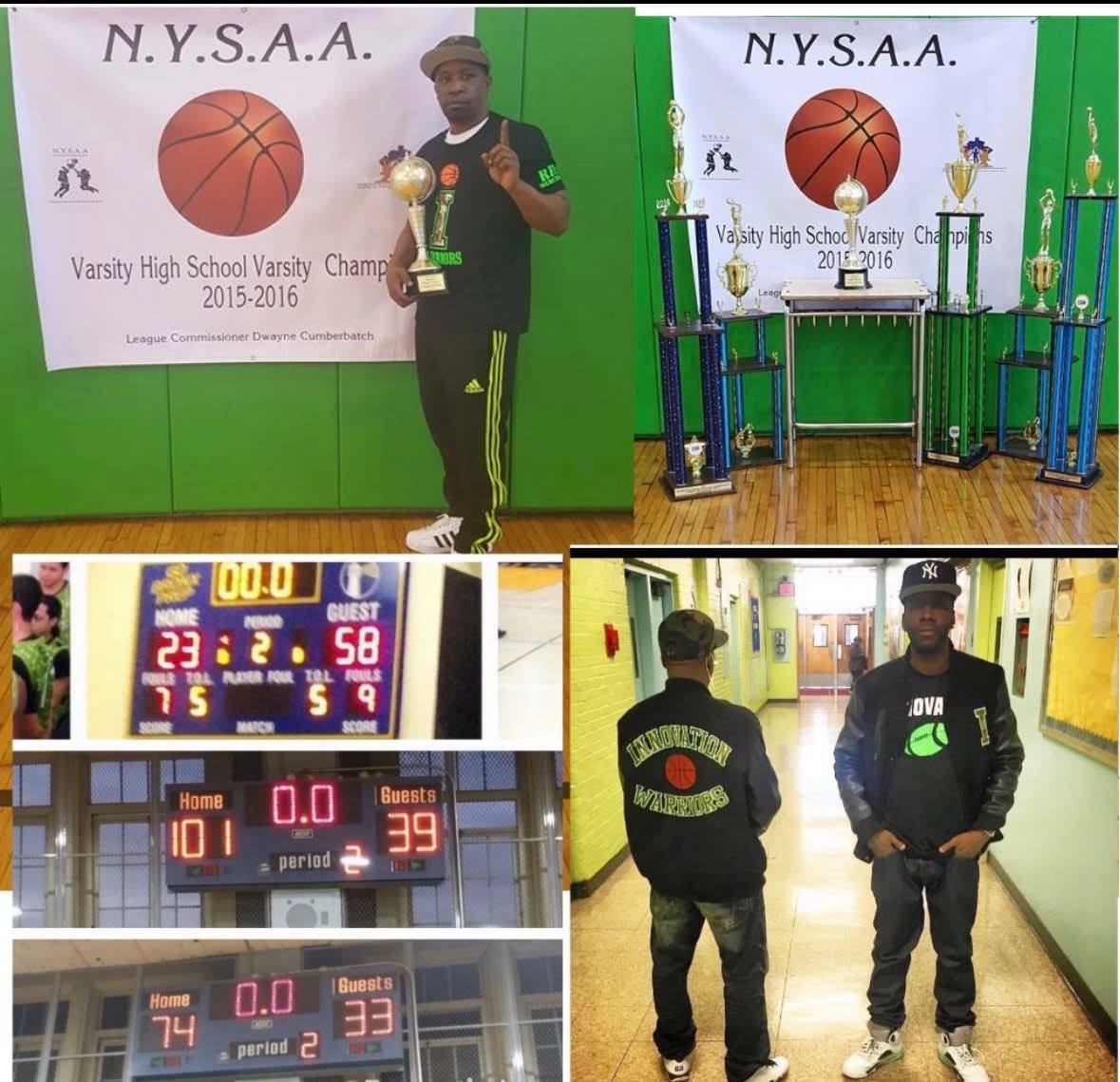 NYSAA Varsity High School Champions 2015-2016 banner, championship trophies, winning scoreboards, and Innovation Warriors team jackets